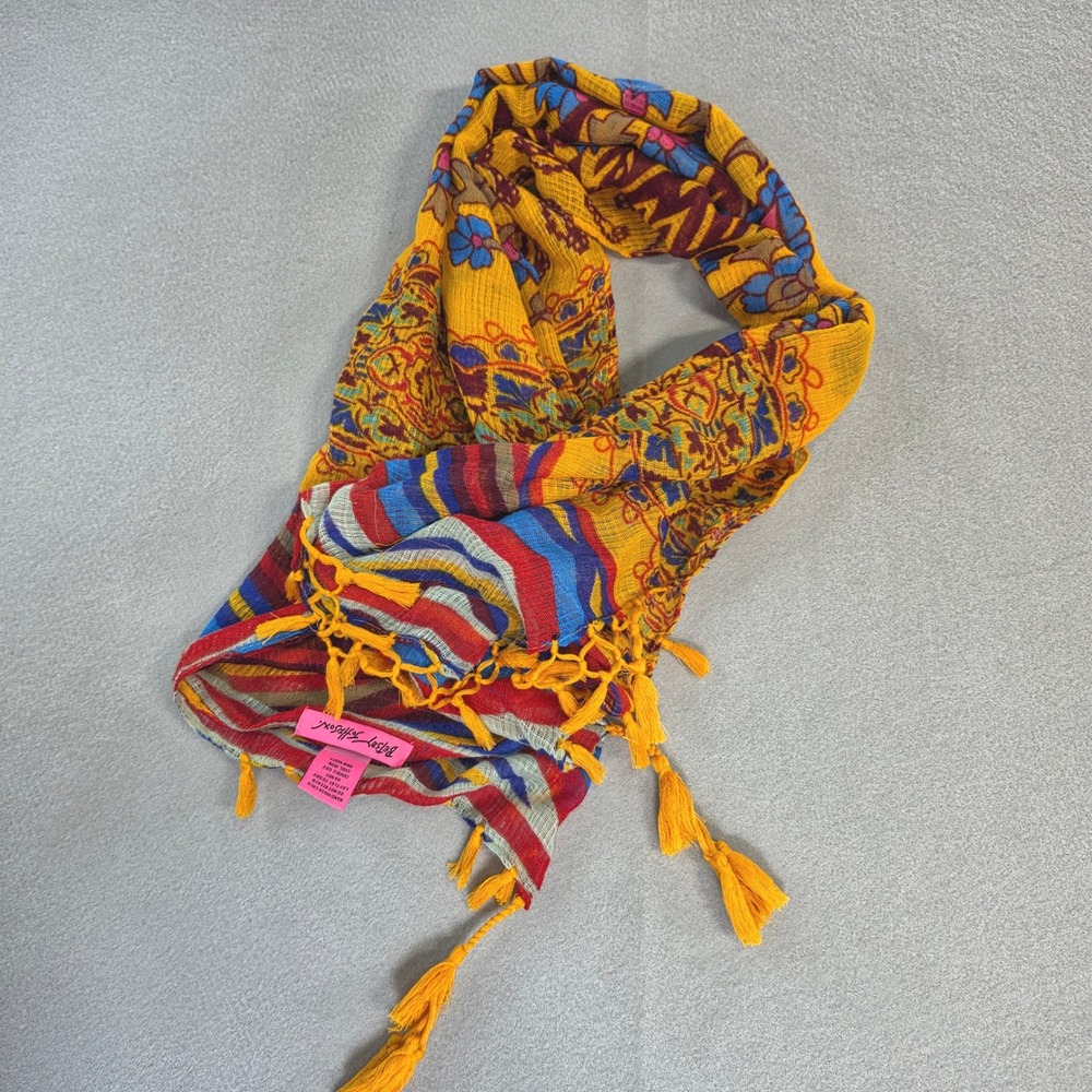 Betsey Johnson Boho Maximalist Tassel Square Scarf OS Indie Retro Yellow Multi